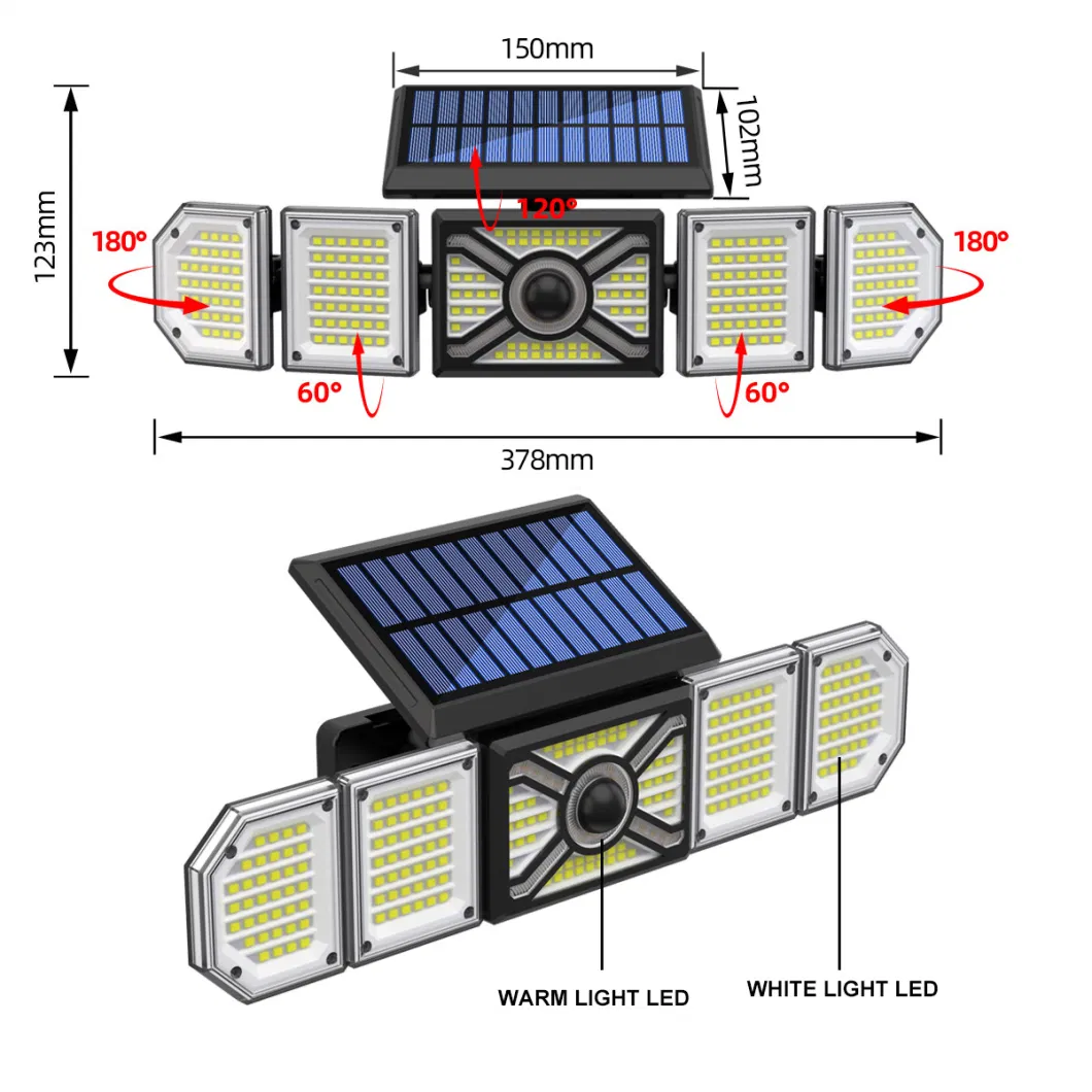 2023 New Lighting 5-Head 244 LED Waterproof Wireless Security Motion Sensor Solar Flood Lights Outdoor